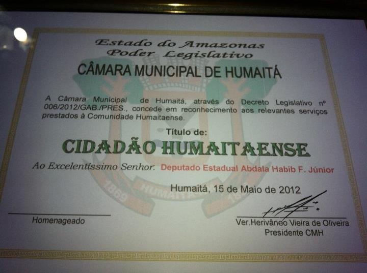 Abdala Fraxe recebe título de cidadão humaitaense